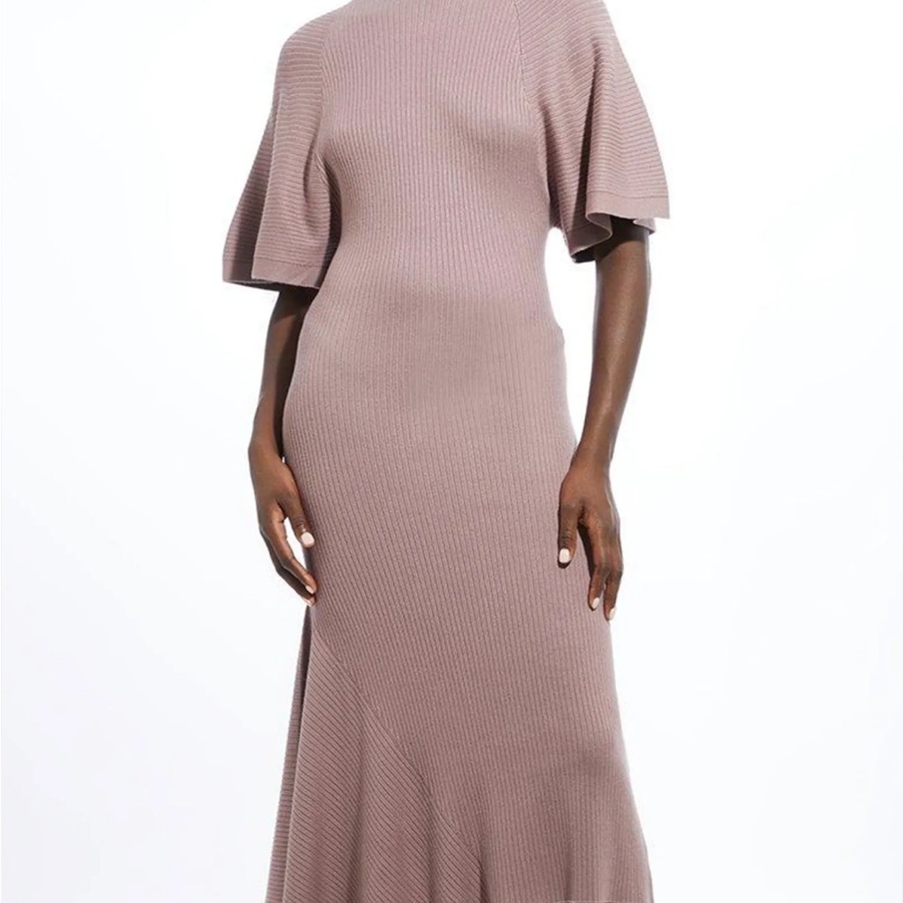 Karen Millen Vicose Blend Angel Sleeve Rib Knitted Midi Dress